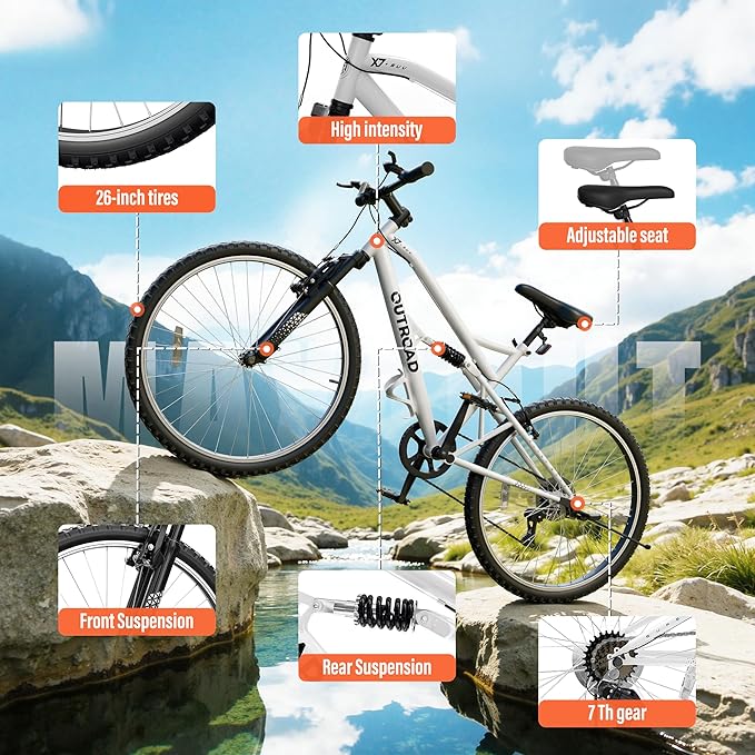 26 inch 7-Speed Commuter Bicycle,Hybrid Bicycle,Men's Cruiser Bike/Mountain Bike V Brake,Metal Frame, Adult Bike (Black, White, Blue, Green, Purple, Pink)