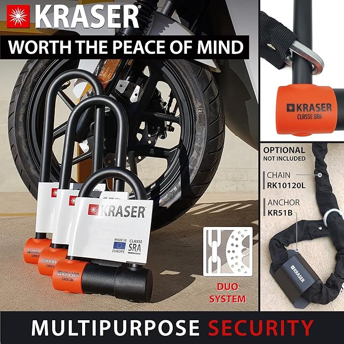 KRASER KR85M Robust U Lock, SRA Approved, High Security Tested, 85X250mm/3.34x9.84in ø18mm/0.7in Double Locking Shackle, Anti-Pick Lock, Anti Theft U Lock for Motorcycle, Scooter, Electric Bike