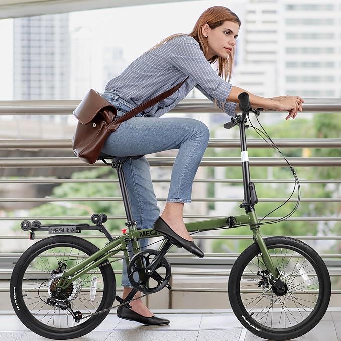 7-Speed Folding Bike, 20" x 1.95" Tires, Tri-Fold Design with Rear Rack Wheels, Steel Frame, Ideal for Urban Commuting