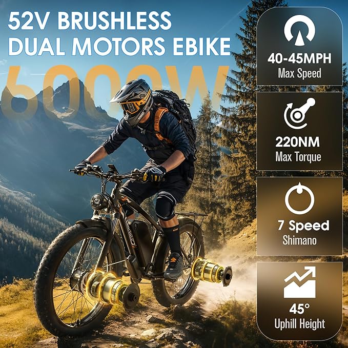 Dual Motor Electric Bike for Adults-6000W Peak, 52V 34AH Battery, 40-45MPH 100 Miles Long Range Ebike, Fat Tire 24 Inch, 7-Speed Hydraulic Brake, Electric Bicycles for Mountain Commuter
