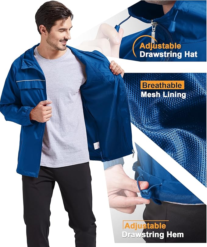 GEEK LIGHTING Rain Jacket Men Lightweight Waterproof Jackets Packable Windbreaker Hooded Raincoat for Golf Cycling Outdoor
