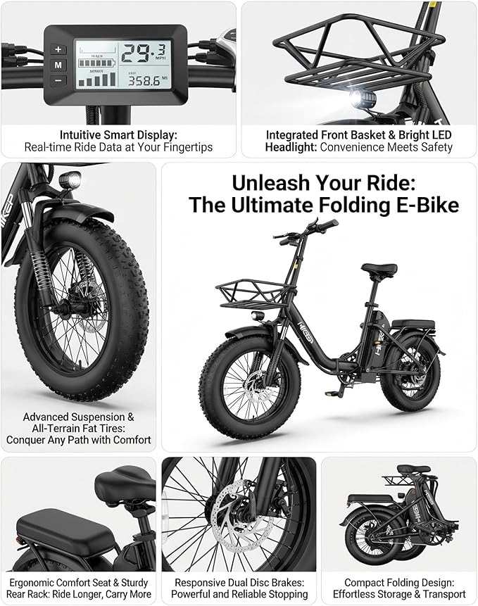 Folding Electric Bicycle for Adults - 750W High Power Motor, 16"/20" Fat Tire E-Bike, Long Range 48V 13AH/25Ah Battery, LCD Screen, Disc Brakes, Adjustable Seat & Handlebar