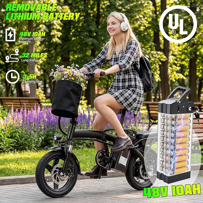 Electric Bike for Adults Teens, Commuter City Folding ebike with 560W Motor and 48V Battery, 24MPH 3-Level Pedals Assist, Dual Disc Brakes,14" Compact Foldable Electric Bicycle with Lock