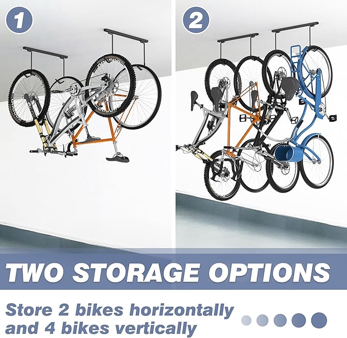 WALMANN Ceiling Mounted Bike Rack for Garage, Space-Saving Ceiling Bike Storage for 4 Bikes(Horizontally)/8 Bikes(Vertically), Adjustable Bike Hooks for Road Mountain Bikes