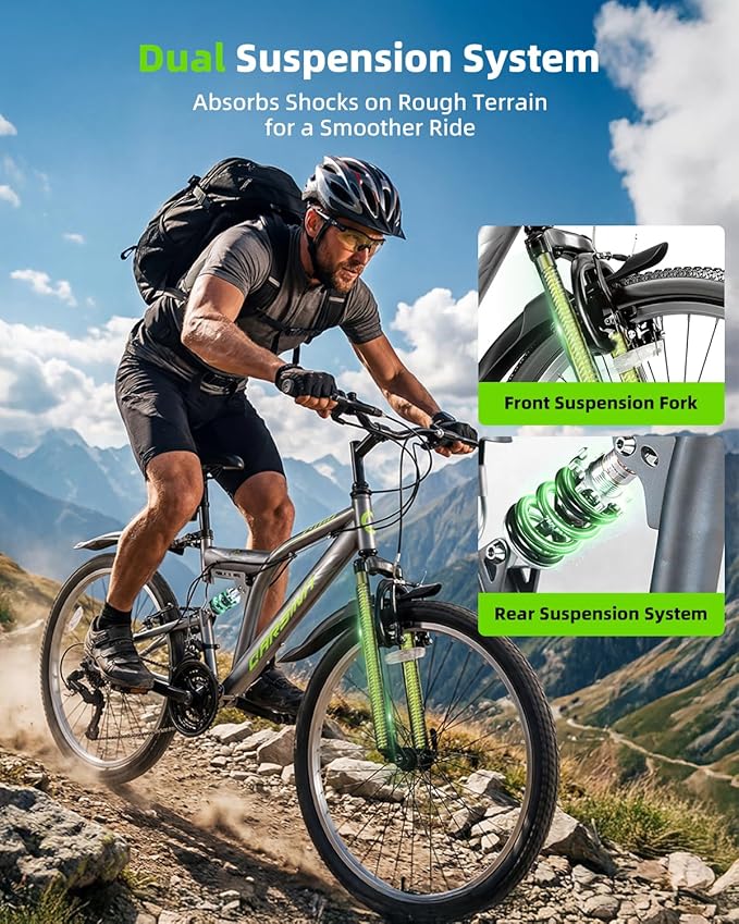 24 Inch Mountain Bike for Men & Women, 21-Speed Full Suspension MTB, High-Carbon Steel Frame, Quick Release Front Wheel, Dual Fenders, Easy Assembly, Trail & Commuter Bicycle