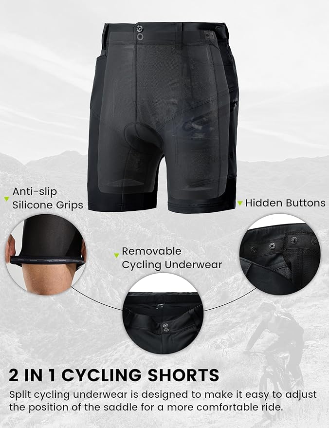 Nepest Mens Mountain Bike Shorts 3D Padded MTB Bicycle Riding Cycling Short Padding Liner Baggy Quick Dry,Zip Pockets