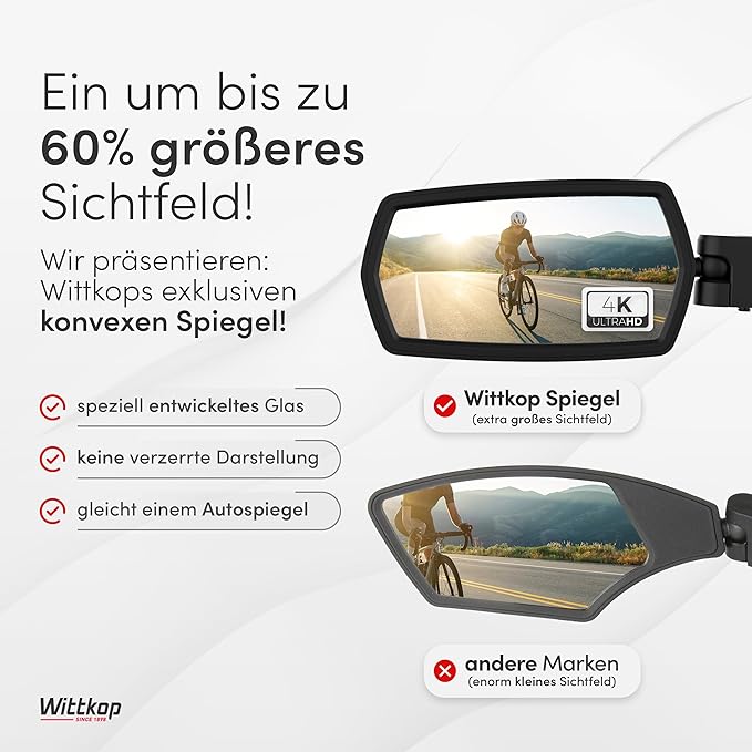 WITTKOP Bike mirror | Large HD field of vision | 360° rotatable & foldable | Mounting above & below | Break-proof & durable | ebike accessories, bike mirror handlebar mount, bicycle mirrors