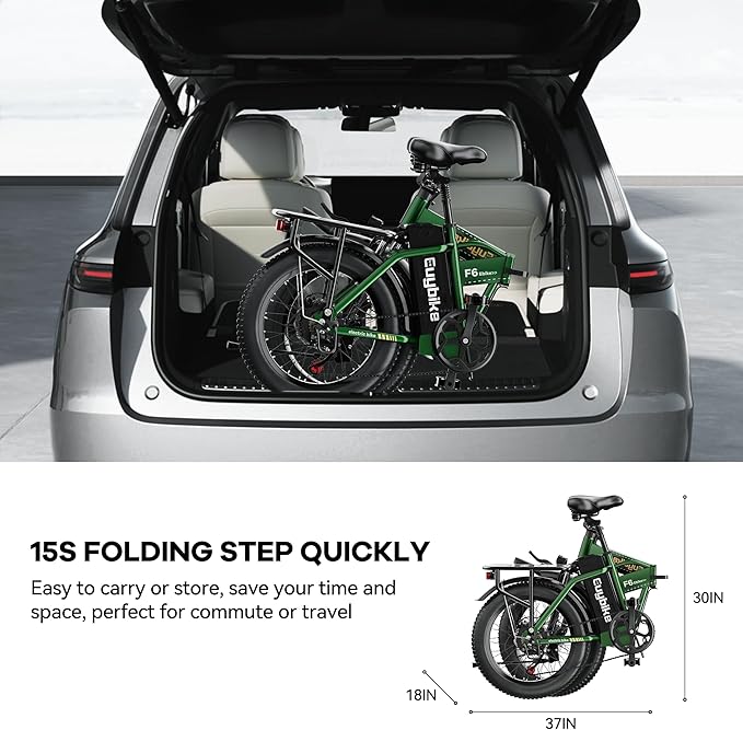 EUYBIKE Foldable Electric Bike for Adults, 30+MPH, 48V 20Ah Removable Battery up to 80Miles, 20" Fat Tire 1000W Peak Motor Adult Electric Bicycle for Beach Mountain E Bike Green with Safety Seat