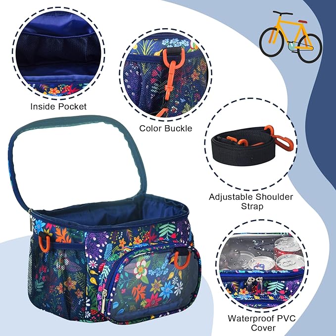 Kids Bike Basket,Durable Front Frame Bicycle & Scooter Basket Bag,Waterproof Fabric Bicycle Handlebar Bag for Boys, Girls, Toddlers with Shoulder Strap (Flower)