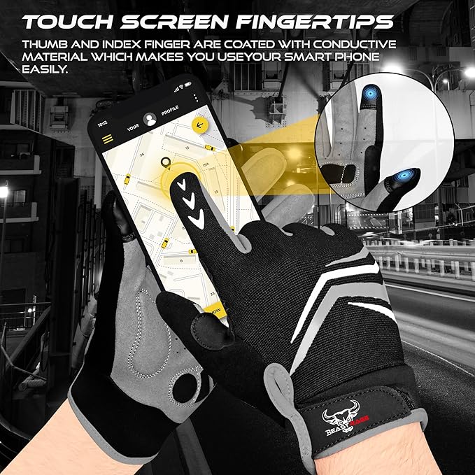 BEAST RAGE Full Finger Cycling Gloves with Padding for Men Women, Anti-Slip, Shock Absorbing, Breathable, Touchscreen Mountain Bike Gloves for BMX, MTB Riding, Road Racing, Bicycle