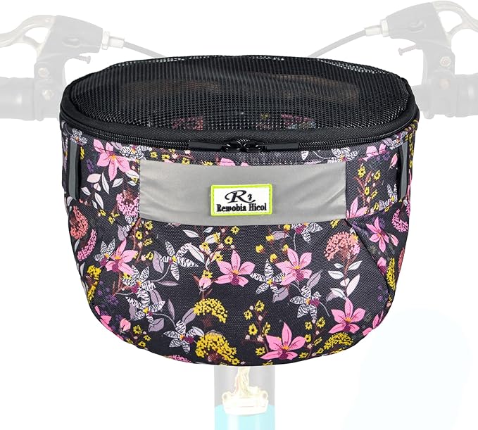 Kids Bike Basket,Durable Front Frame Bicycle & Scooter Basket Bag,Waterproof Fabric Bicycle Handlebar Bag for Boys, Girls, Toddlers with Zipper Mesh Lip (Pink Flower)