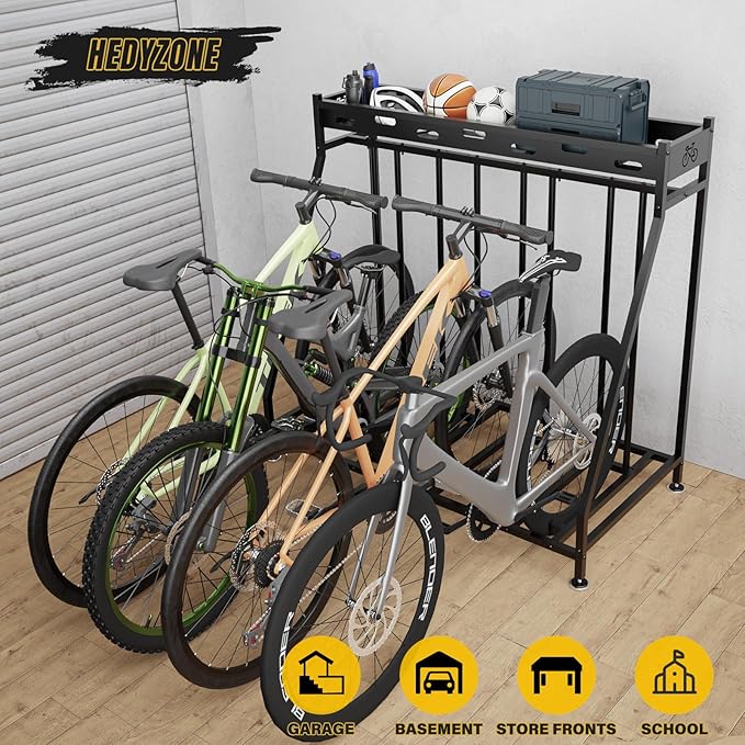4 Bike Stand Steady Bike Rack Garage with Baskets Storage Indoor Bike Storage Rack Metal Floor Bicycle Station for Parking Suitable for Mountain, Hybrid, Adult and Kids Bikes