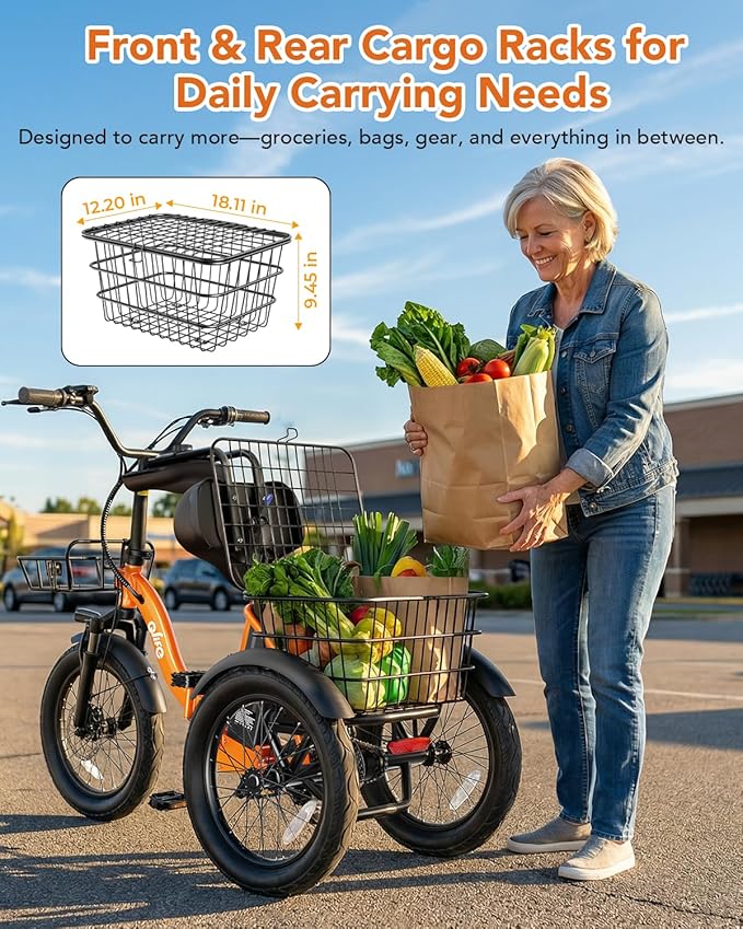 Qlife Triker Electric Bike, Peak 750W/1200W Brushless Motor Folding Trike Ebike, 499Wh Removable Battery, Step-Thru 3 Wheel Electric Bicycle, Up to 55 Miles, 20 Tire Tricycle for Adults