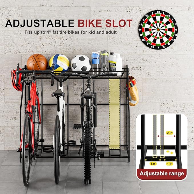 4 Bike Stand, Bike Rack Garage with Storage Rack, Bicycle Stand for Garage Organizer, Indoor Sporting Gear Storage Station for Mountain/Road/Hybrid & Fat Tire Bike