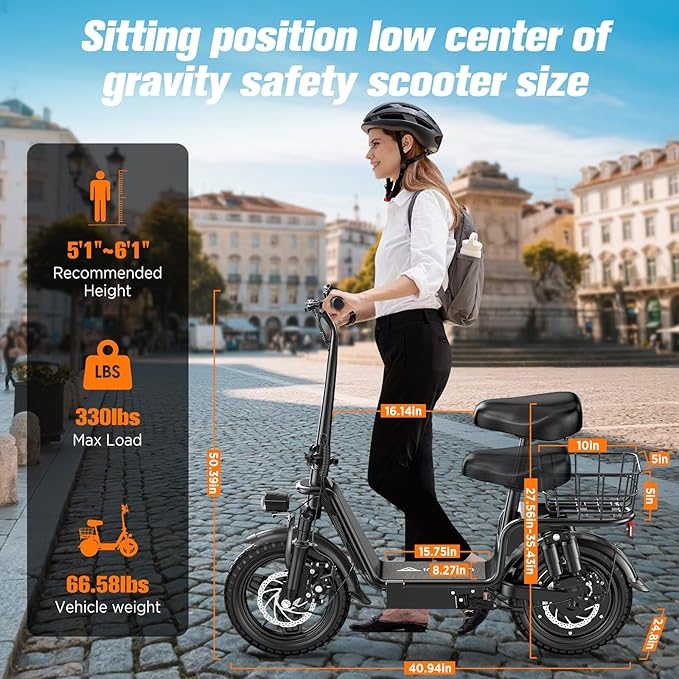 Electric Scooter Adults, 1300W/900W Peak Motor, Electric Scooter with Seat, 48V 13Ah/10.4Ah Battery, 14" Tires, 35/28 Miles Range, 20 MPH, 330 LBS Load, Dual Braking