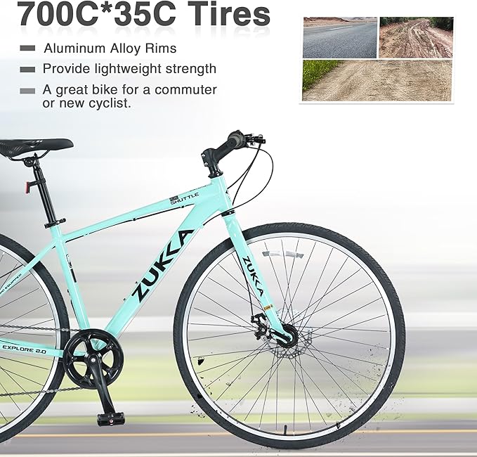 7 Speed Hybrid Bike, Aluminum Alloy Frame, Double Disc Brakes, 700C Road Bike, Fast Acceleration, Suitable Aerodynamic Riding Position for Men and Women City Bicycle