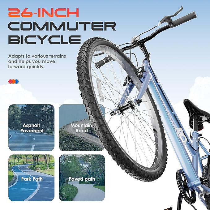 26 inch 7-Speed Commuter Bicycle,Hybrid Bicycle,Men's Cruiser Bike/Mountain Bike V Brake,Metal Frame, Adult Bike (Black, White, Blue, Green, Purple, Pink)