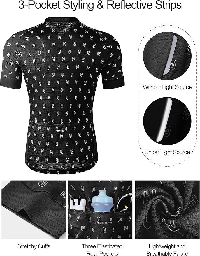 INBIKE Mens Cycling Jersey 3 Rear Pockets Moisture Wicking Short Sleeve Quick Dry Reflective Biking Shirts