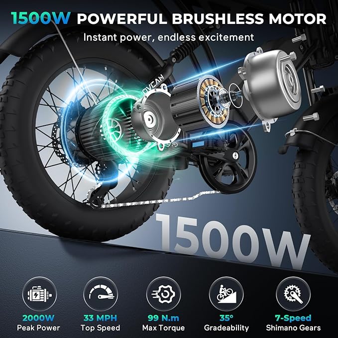 Movcan V60/V60 Pro Electric Bike, 48V 15.6/18.2Ah Removable Battery 20” Fat Tire Electric Bike, 1000/1500W Motor 30/33MPH Top Speed Electric Motorcycle, for Commute/Offroad/School/Rain/Snow Riding.