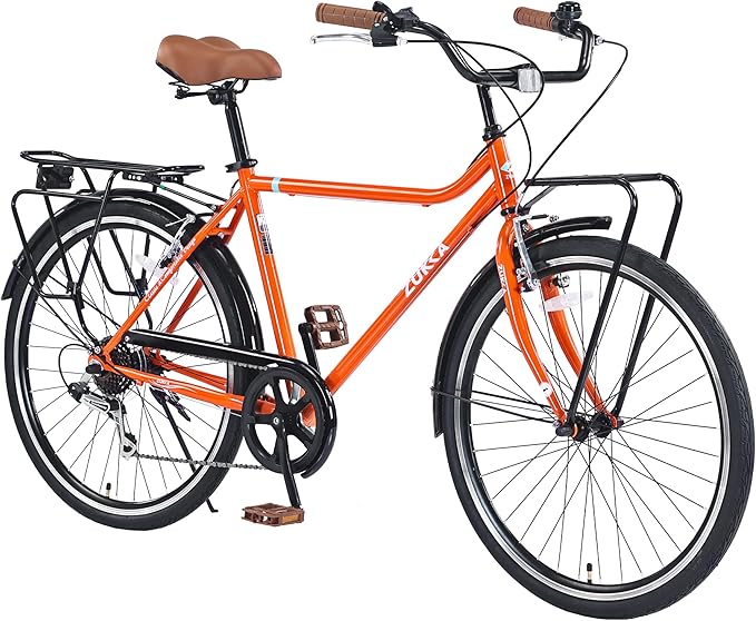 Vintage Style 26 Inch Adult Cruiser Bicycle Hybrid Bike 7 Speeds Commuter Bike for Women, Men, Seniors, SHMANO Shifter and derailleur Step-Over Steel Frame,Double Cargo Rack，4 Colors