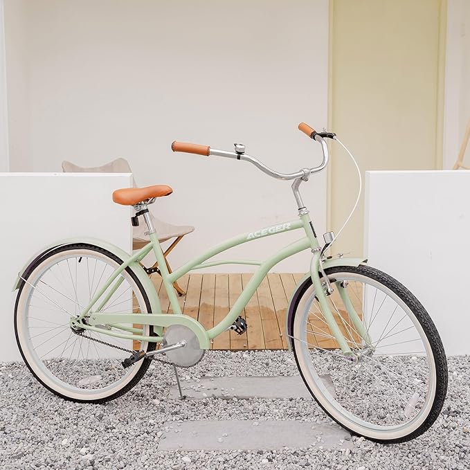 ACEGER 24 26 Inch Women Beach Cruiser Bike, Single Speed and 7 Speed, Adult Hybrid Bike Commuter Bicycle, Hi-Ten Steel Frame with Adjustable Handlebar and Saddle, Multiple Colors