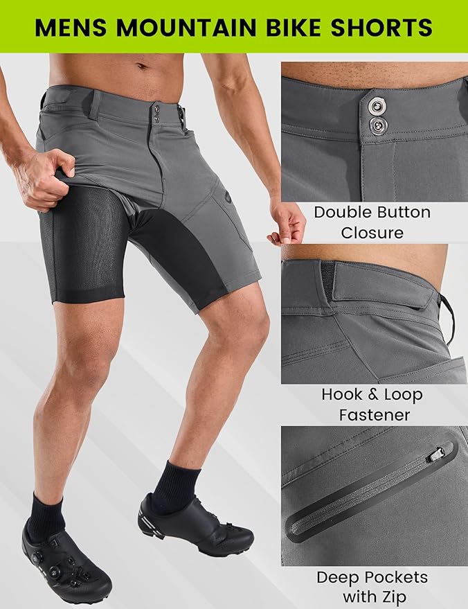 Nepest Mens Mountain Bike Shorts 3D Padded MTB Bicycle Riding Cycling Short Padding Liner Baggy Quick Dry,Zip Pockets