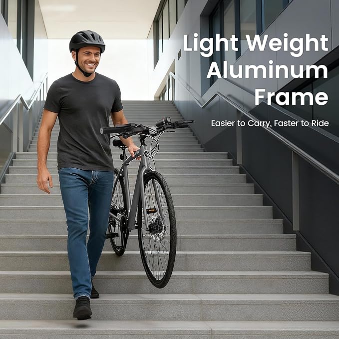 MOPHOTO Hybrid Bike for Adults, 700C City Commuter Bicycle, Lightweight Aluminum Frame, 8-Speed Urban Fitness Bike for Men&Women, Dual Disc Brakes, Upright Flat Handlebar, LED Headlight & Reflectors