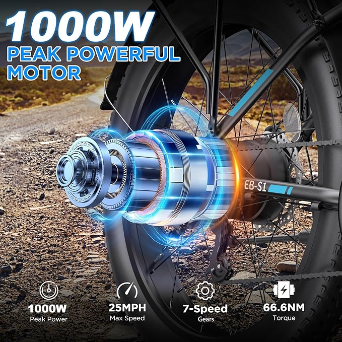 Electric Bike for Adults, 1000W Peak Ebike, 25MPH 60Miles Electric Mountain Bike, 26" Fat Tire Electric Bicycle with 48V 13AH Battery, Front Suspension,7 Speed, Rear Rack, UL 2849 Certified
