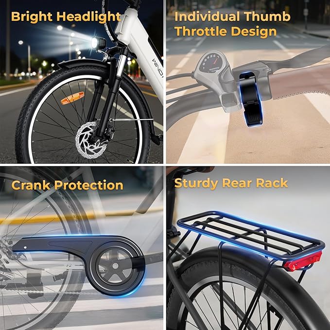 WINDHORSE 26" Electric Bike for Adults 20MPH & 30-50 Miles Range, Shimano 7-Speed, 468WH Removable Battery Commuter Ebike with 750W Peak Motor, Front Suspension, Rear Rack, Fenders, UL2849 Certified