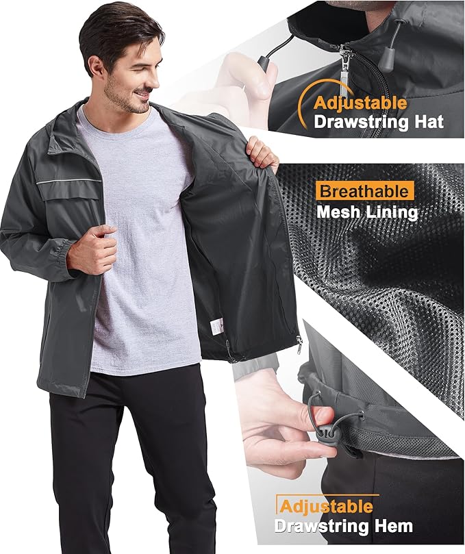 GEEK LIGHTING Rain Jacket Men Lightweight Waterproof Jackets Packable Windbreaker Hooded Raincoat for Golf Cycling Outdoor