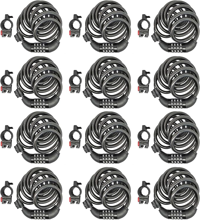 SEPOX® 12Pcs Pack 6FT Extra Long Cable Combination-Bike-Locks, 4 Digits Retractable Security Lock, 12mm Heavy-Duty Anti-Theft Anti-Rust Cable for Bicycle, Scooter, Gate,Outdoor Equipment, Weatherproof