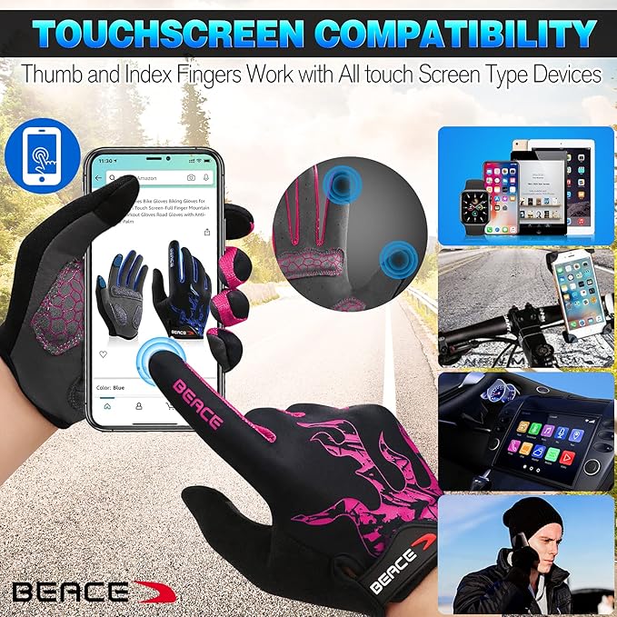 BEACE Cycling Gloves for Men Women - Full Finger Mountain Bike Gloves With Touch Screen and Anti-Slip Silicone Palm - Workout and Road Bicycle Gloves