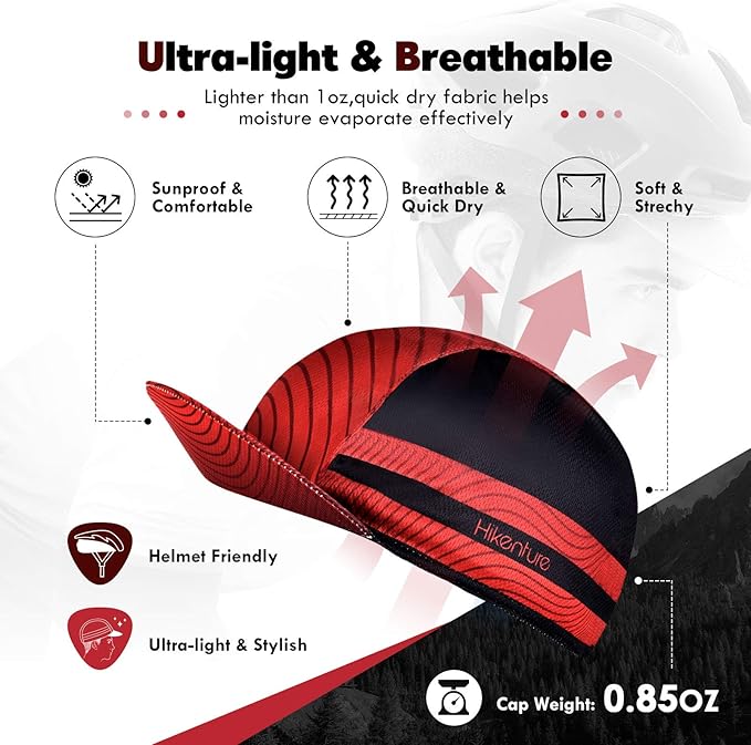Hikenture Cycling Cap,Cooling Skull Cap Bike Hat with Sun Visor, Summer Breathable Helmet Liner Biking Cap for Men Women