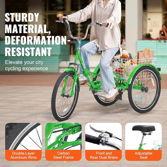 VEVOR Folding Adult Tricycle,Adult Folding Trikes, 3 Wheel Cruiser Bike with Large Basket & Adjustable Seat, Shopping Picnic Foldable Tricycles for Women, Men, Seniors
