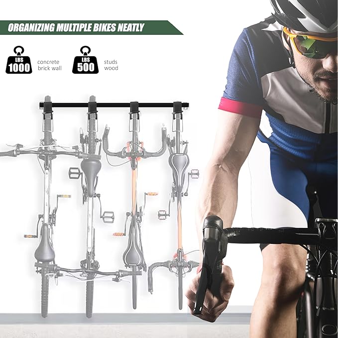 Adjustable Garage Bike Rack – Heavy-Duty Vertical Wall Mount Storage for 4 Bikes & 4 Helmets, Space-Saving Design, 1000 lbs Weight Capacity