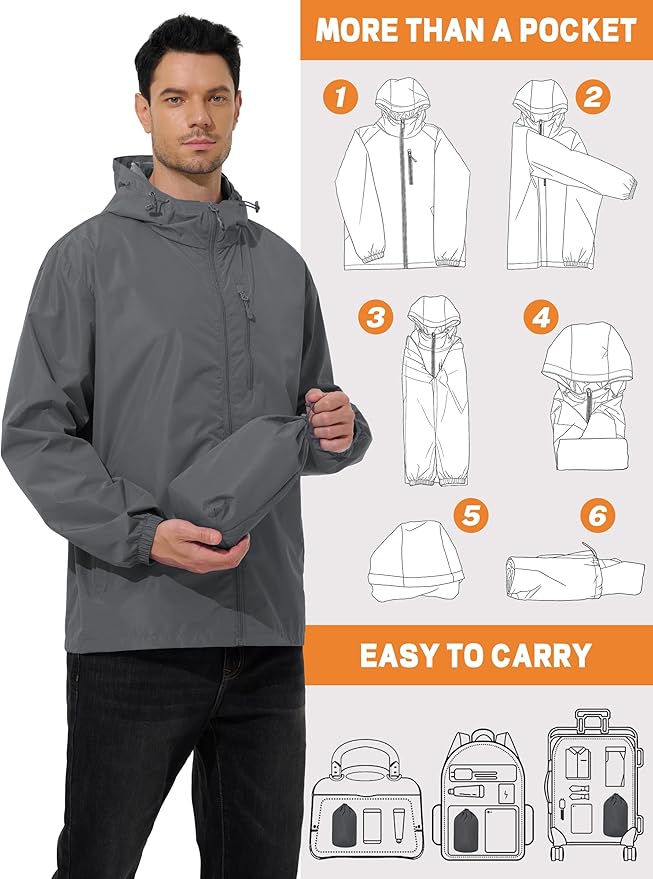 Men's Cycling Jacket Rain Jacket Waterproof Windbreaker Raincoat Running Hiking Gear Hood Lightweight Packable