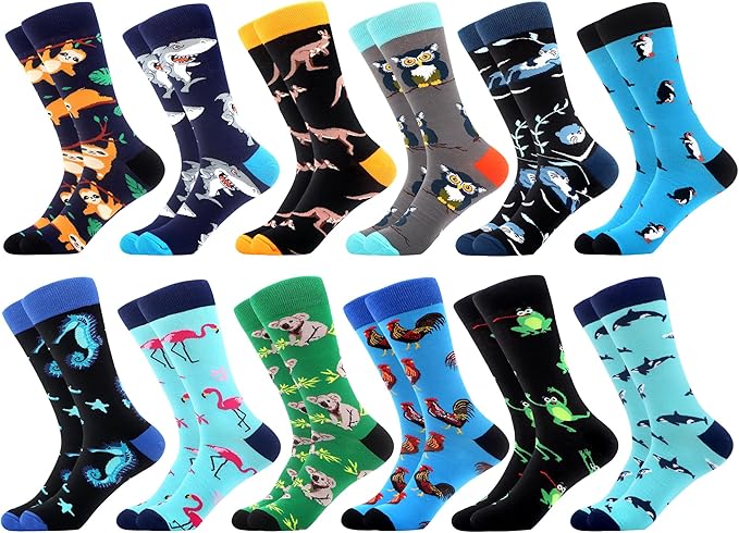 WeciBor Men's Dress Funny Crazy Colorful Novelty Combed Cotton Crew Socks 12 Pack - Size 7-10/10-13/13-15