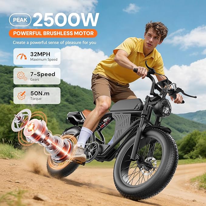 Electric Bike for Adults, 20" Fat Tire Electric Dirt Bike with 2500W Peak Motor, 32MPH, 100 Miles Range, 7 Speed Off-Road Ebike with NFC & Password Unlock, 48V 20AH Removable Battery, Commuter Ebike