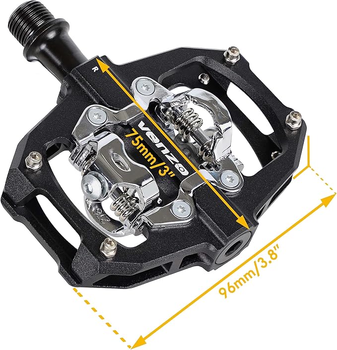 VENZO Compatible with Shimano SPD Mountain Bike CNC Aluminum Cr-Mo Sealed Pedals - Dual Sided Q Factor/Axle Length 57mm with Cleats