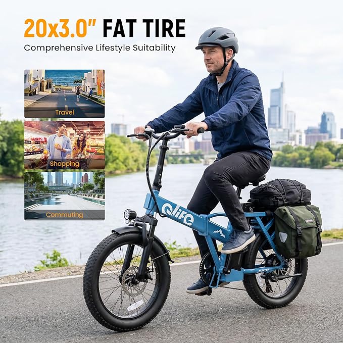 Qlife Hunter Foldable Electric Bike for Adults, Peak 1200W Ebike with 48V 13.5Ah Battery, 65-Mile Range, Heavy-Duty Rear Rack, 20-Inch Fat Tires, Folding E Bike for Commuting & Outdoor Use