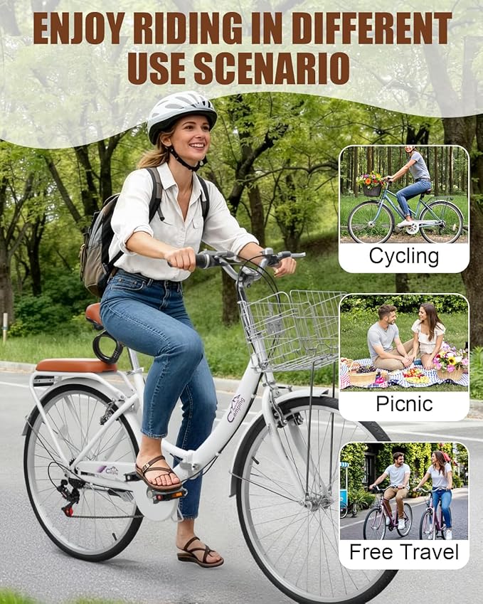 24/26 Inch Foldable Bike Folding Bicycle, 7 Speed Beach Cruiser Bike with Lock, Comfort Back Seat, Foldable Basket & Ergonomic Upright Frame, Cruiser Bicycle for Adults