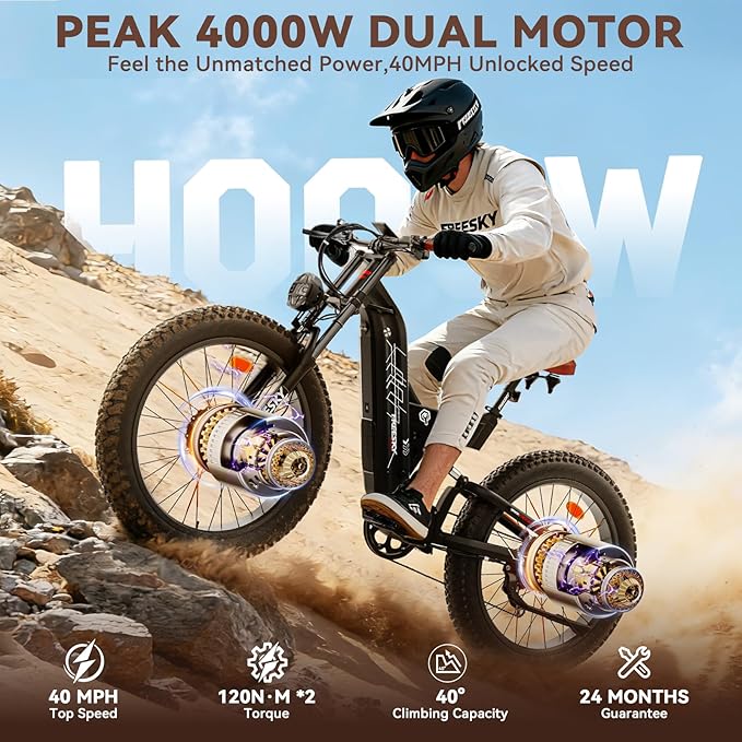 FREESKY 4000W Dual Motor Electric Bike for Adults, 48V 30AH Samsung Cells Battery 120Miles Range, 40MPH AWD Fast E-Bike, 26" Fat Tire Full Suspension Electric Mountain Bike, UL2849 Certified by TÜV