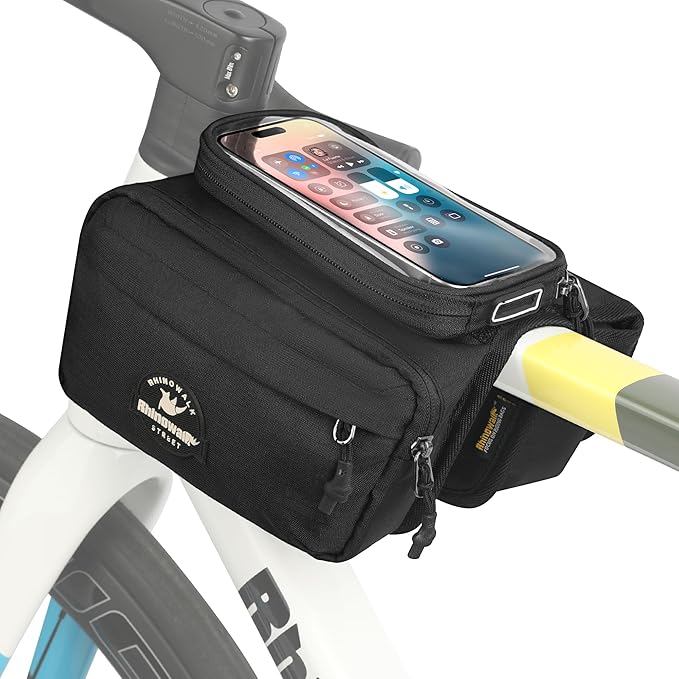 Rhinowalk Bike Frame Top Tube Bag with Touchable Phone Holder Side Pockets Bicycle Bag with Sensitive Touch Screen