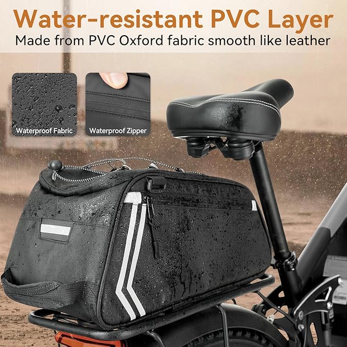 veimia Bike Rack Bag, 13L Waterproof PVC Bicycle Rear Seat Saddle Bag with Multiple Pockets, Compact Cycling Storage Bag for Rear Rack Commuter Road Mountain Ebike, Simple Installation, Black