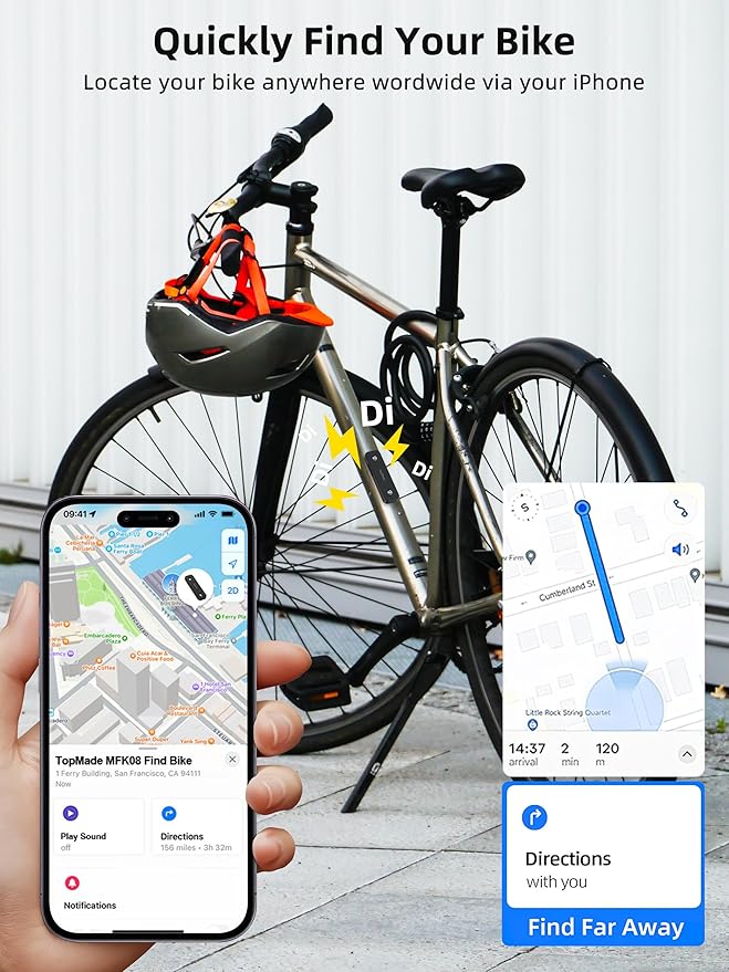 TopMade Bike Tracker, Works with Apple Find My (iOS Only), Global GPS Location on iPhone, iPad, Mac & Apple Watch, Bike Finder, Mount for Bottle Holder, Waterproof, Dustproof, Rechargeable, Black