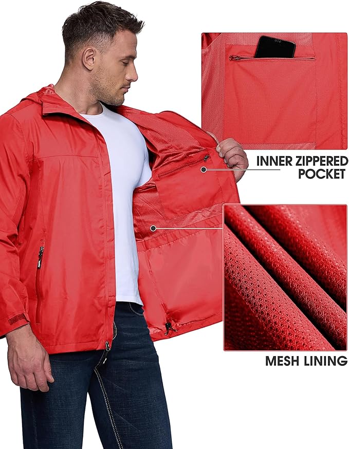 Outdoor Ventures Men's Packable Rain Jacket Waterproof Lightweight Raincoat with Hood Windproof Cycling Jackets