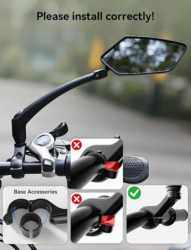 Bike Mirror Handlebar Mount 360° Adjustable and Rotatable, Wide Bicycle Mirrors for Handlebars with Long Arm, Safe HD Bike Rear View Mirror for Scooter, Motorcycle, Foldable Ebike Accessory Right