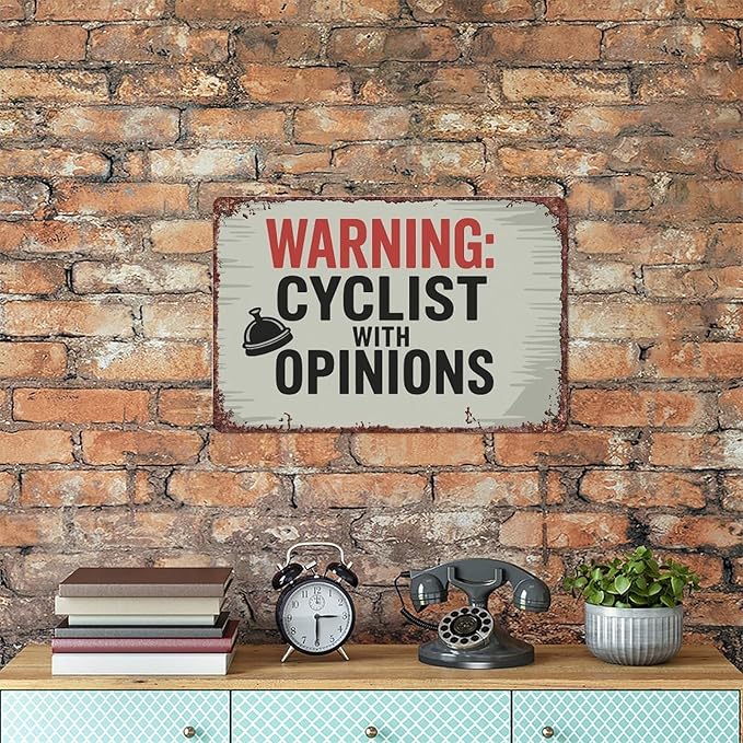 Warning Cyclist With Opinions Left Bell Cycling Vintage Sign Interesting Metal Sign For Home, Yard, Bar, Office Wall Decoration, Measures 12x8 Inch