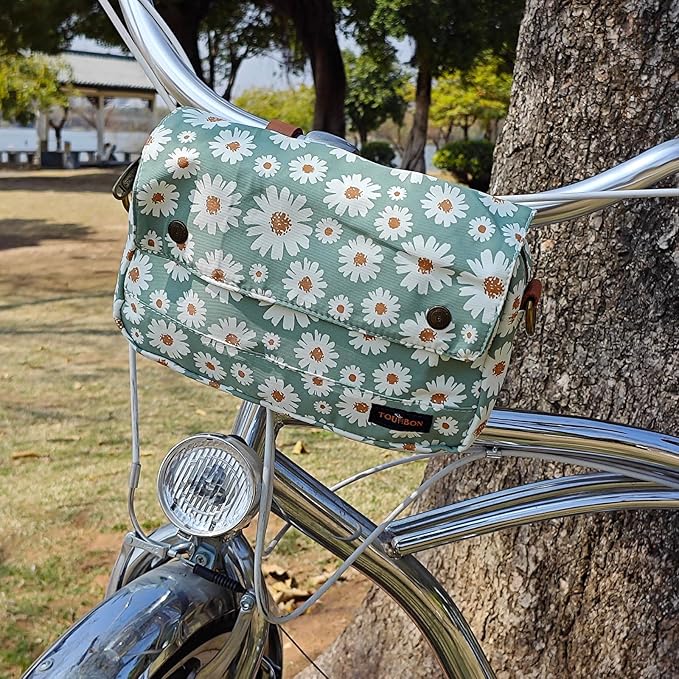 TOURBON Bike Bag Waxed Canvas Bicycle Handlebar Bag Zipper Closure Pouch Crossbar Front Frame Basket Cycling Saddebag Under Seat Strap-on Rear Rack Pannier (Light Green with Flower)
