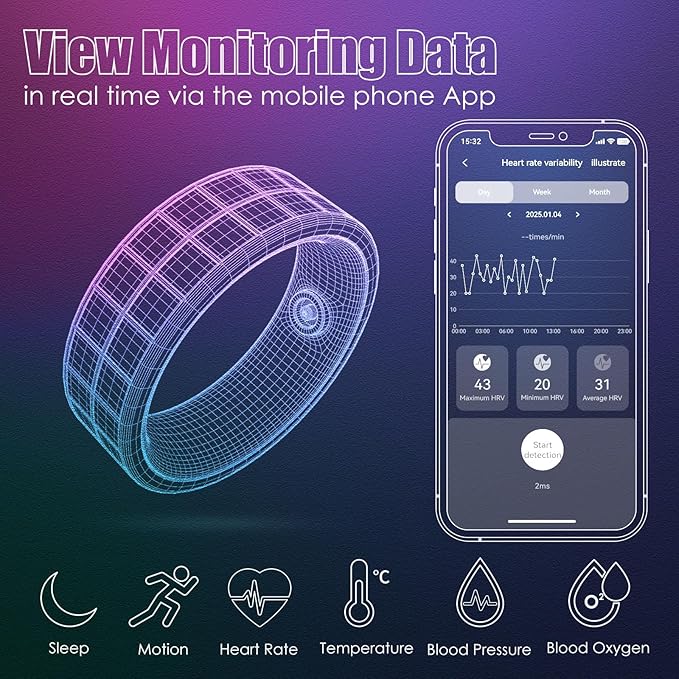 Smart Ring Blood Pressure Monitoring 5ATM Waterproof Activity Tracker Stress/Temperature Sensor Sleep Coach & Women’s Health Titanium Unisex Sport Ring Compatible with iOS/Android Rouge 10